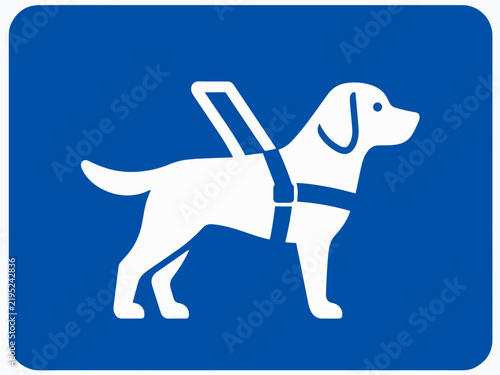 Simple white service dog accessibility icon on a blue square background showing a working dog wearing a harness for clear public access signage wayfinding information and inclusive spaces