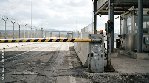 Border crossing checkpoint with barrier gate and security booth on a sunny day