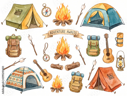 Watercolor camping elements set with tents campfire backpack compass guitar and marshmallows isolated on white background
