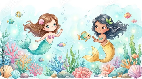 Watercolor underwater cartoon illustration of cute mermaids on a seabed with fish and sea plants.