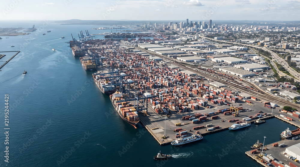 Obraz premium Aerial view of a busy commercial shipping port with container ships and cargo terminal