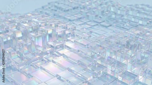 Abstract 3D light blue background with rows of transparent glass square plates.
