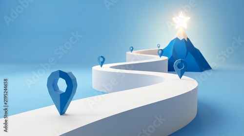 Winding path with location pins leading to a mountain peak and glowing star for business strategy roadmap.