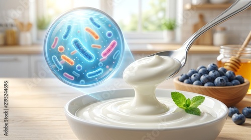 Creamy yogurt bowl with a microscopic view of active probiotics for gut health.