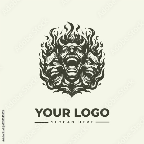 Graphic logo design featuring three screaming faces surrounded by stylized flames in a dark illustration style.
