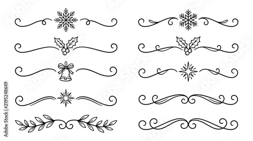 Decorative christmas flourish dividers featuring snowflakes holly leaves bells and stars in a simple elegant black line art style illustration