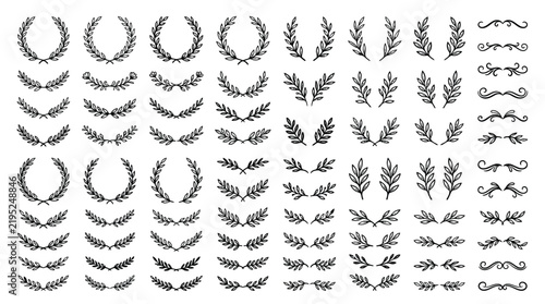 Hand drawn laurel wreath collection featuring various decorative floral foliage elements for elegant invitation designs and minimalist vector graphic branding