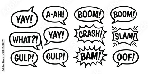 Comic Book Speech Bubbles Set with Sound Effects and Onomatopoeia Text