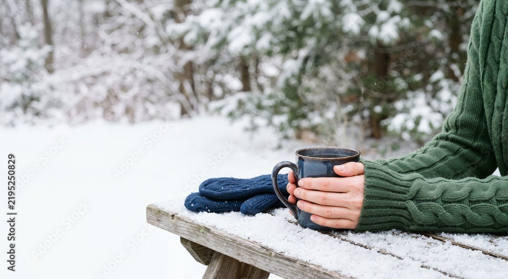 Fototapeta premium Person holding steaming mug on a snowy outdoor table. Warm drinks winter theme