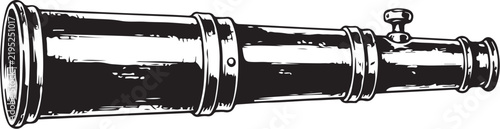 Captain's telescope (long antique) Hand-drawn Sketch Drawing Vector Illustration, Line Linear Symbol Black and White Engraving, Isolated