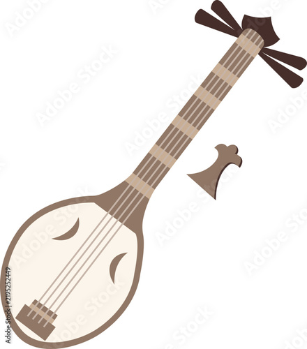Traditional Japanese Biwa Musical Instrument with Plectrum Vector Illustration