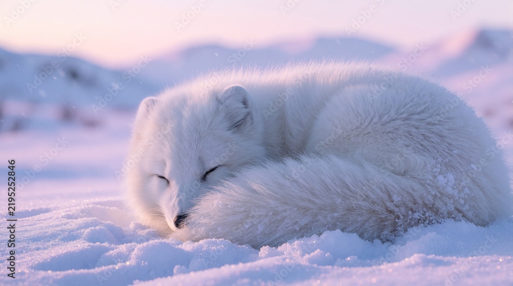 Obraz premium White arctic fox slepic in cold snow. Fluffy predator curls up in winter landscape. Cute mammal rests in icy arctic habitat during frosty season. Small wild animal finds peace in snowy tundra under