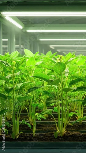 Hydroponic plants growing in indoor vertical farming system under bright artificial LED lighting