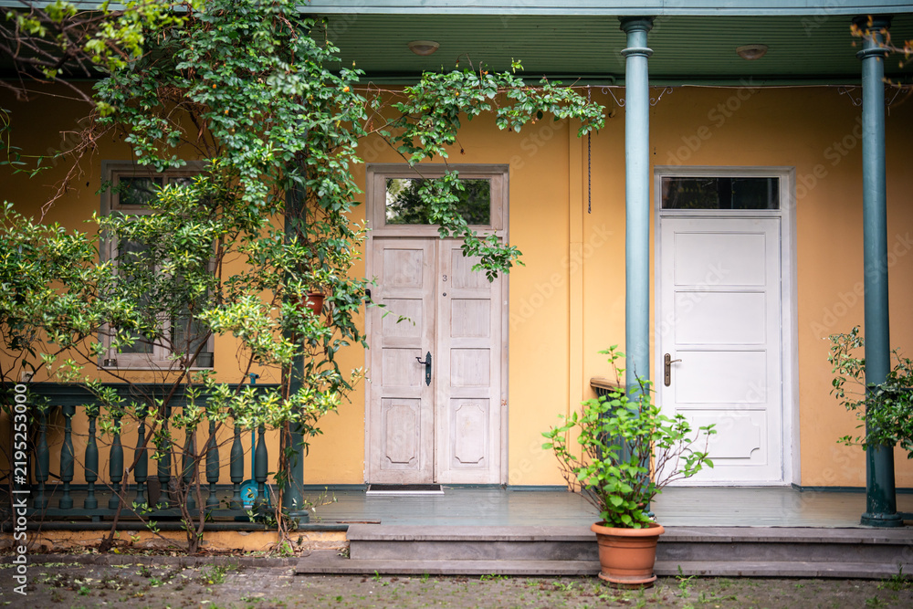 Obraz premium Two wooden doors stand beneath covered veranda on warm ochre facade, surrounded by green columns, climbing vines, shrubs and potted plants across quiet paved courtyard with traditional details.