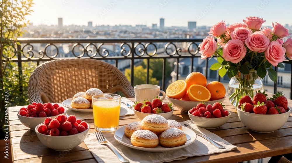 Obraz premium Breakfast spread on a city balcony with fruits pastries and flowers. Sunlight illuminates a table with orange juice fresh berries and a cityscape background. Elegant morning meal.