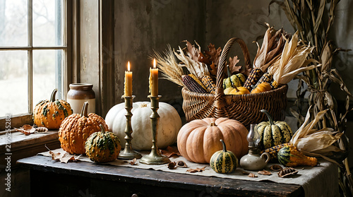 Cozy Autumn Still Life with Pumpkins, Gourds, and Lit Candles on a Rustic Table