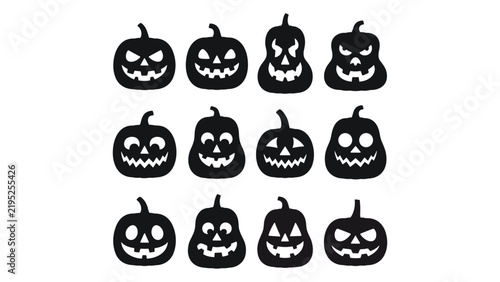 Set of twelve spooky jackolantern pumpkin silhouettes with various carved facial expressions isolated on a plain white background for halloween design projects