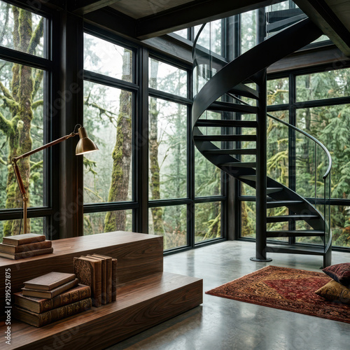 Modern Forest Retreat Interior with Steel Spiral Staircase and Floor-to-Ceiling Windows