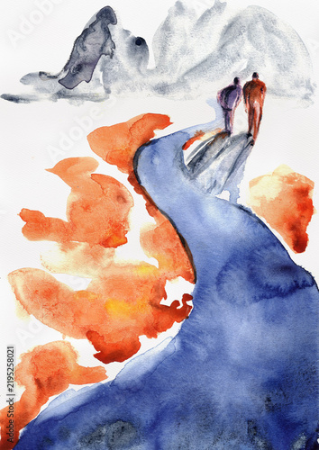 Two People Walking Beside a Winding River, Expressive Hand-Painted Watercolor
