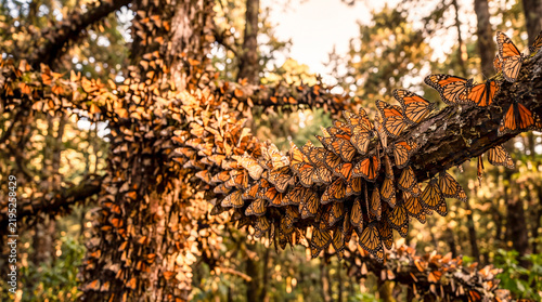 Monarch Butterflies Covering Tree Trunk and Branch in Winter Colony
