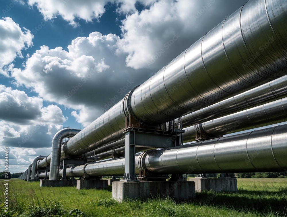 Fototapeta premium Large metal pipes run across green field under dramatic cloudy sky. Industrial energy system moves resources using massive steel conduits elevated on support structure.