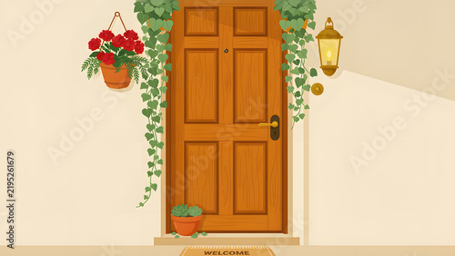 House front door decorated with plants, a lantern, and a doorbell. Vector illustration of a wooden front door from the outside, created with generative ai