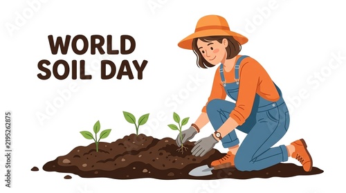 Woman Gardener Planting Young Seedlings for World Soil Day Illustration