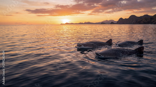 Whale Sharks Feeding at Surface During Ocean Sunset