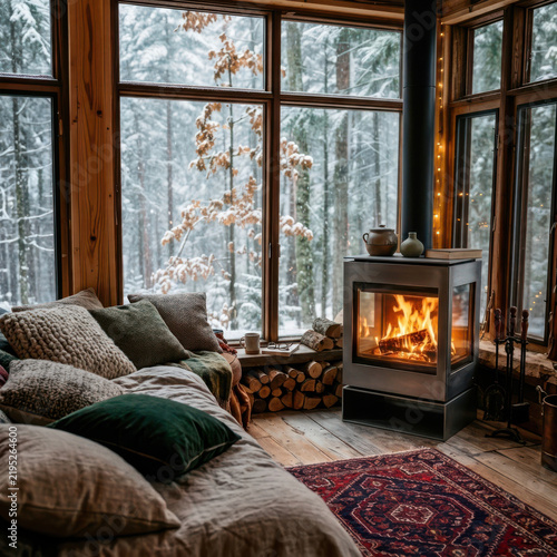 Cozy Cabin Living Room with Snowy Forest View and Fireplace