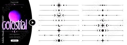 Celestial tarot text separator set with esoteric elements. Magic design of simple classic borders. Dividers for cards, menu, book pages, frames. Black vector illustration isolated on black background