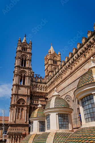 Palermo Cathedral rooftop terrace with green majolica domes and Gothic tower, Sicily