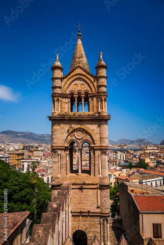 Bell tower of Palermo Cathedral viewed from the rooftop, Sicily, Italy