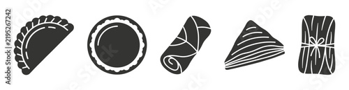 Traditional pastry and stuffed dough appetizers silhouette icons set, empanada dumpling, round pie, spring roll, baklava triangle, and tamale vector