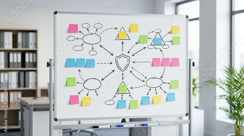 A professional whiteboard featuring design thinking workshop ideas and colorful sticky notes for brainstorming.