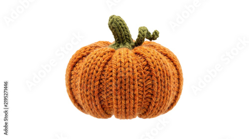 Handmade knitted orange pumpkin decoration isolated on a clean white background for autumn