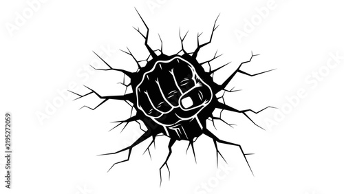 Black and White Illustration of a Powerful Fist Punching Through a Wall