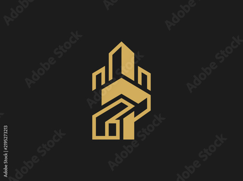 Modern Geometric Abstract Building Logo Design Gold On Black Background
