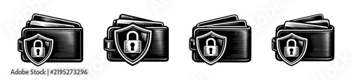 Foto Vector illustration of a secure wallet with shield lock design set black and whi