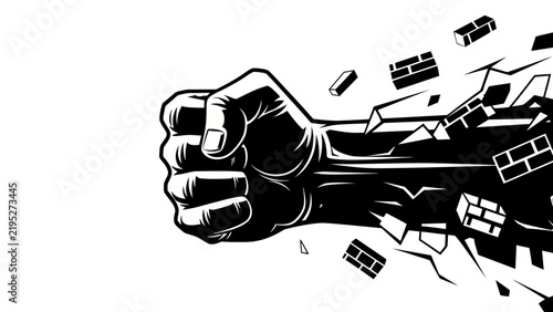 Black and White Graphic Illustration of a Fist Smashing Through a Brick Wall