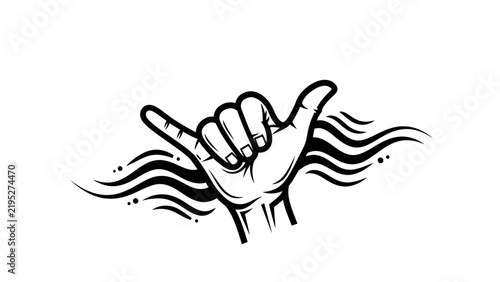 Shaka Hand Sign with Stylized Ocean Waves Illustration