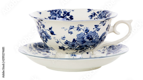 Photography Isolated elegant blue and white floral porcelain teacup and saucer set for bever