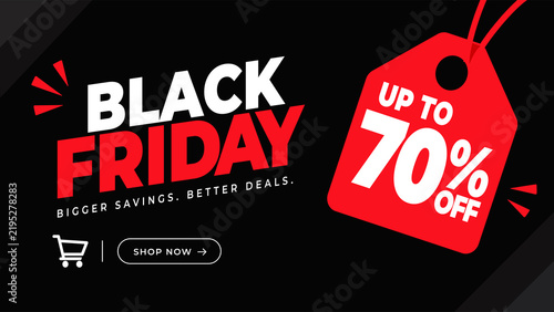 Black Friday Sale Banner Design with 70% Off Discount Tag, Shopping Cart Icon and Shop Now Button on Black Background