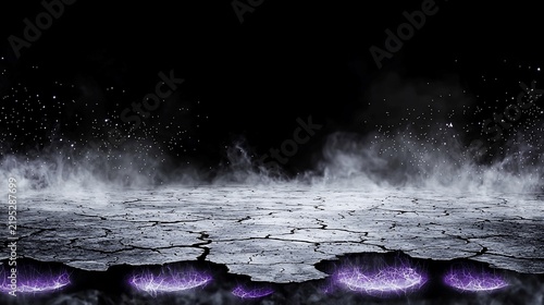 Abstract Cracked Ground with Glowing Purple Energy and Foggy Atmosphere
