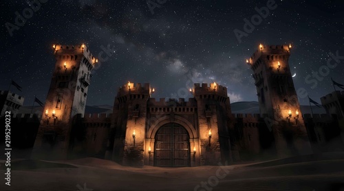 Medieval stone castle gate under night sky with milky way stars for fantasy travel marketing content