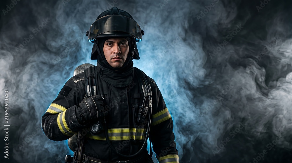 Fototapeta premium Fireman Fire Brigade Officer wearing Turnout Gear and Protective Fire Helmet Standing in Smoke for Emergency Rescue Response and Public Safety Service