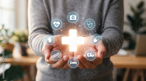 Hands holding a glowing cross and surrounded by healthcare icons, symbolizing medical care and well-being