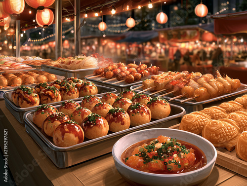 Japanese street food stand offering takoyaki and taiyaki at night market