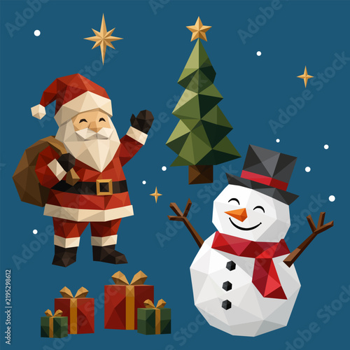 Geometric low-poly Christmas vector set featuring Santa Claus, a happy snowman, decorated tree, and gift boxes under stars on a dark blue background.