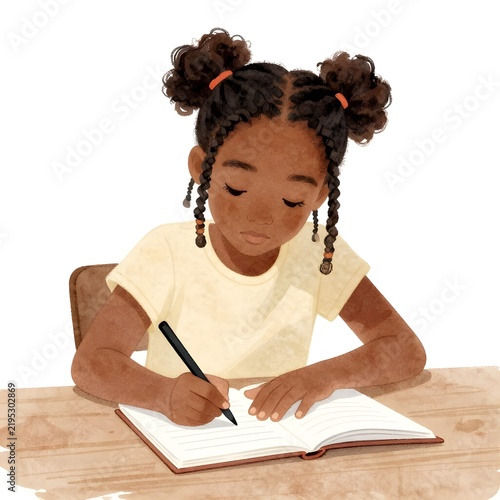 Girl Studying and Writing in Notebook Illustration