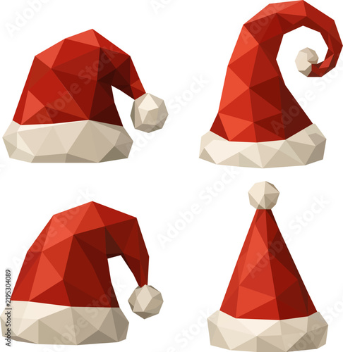 Geometric low-poly Christmas vector set featuring a collection of four red Santa Claus hats in different shapes, isolated on a solid white background.